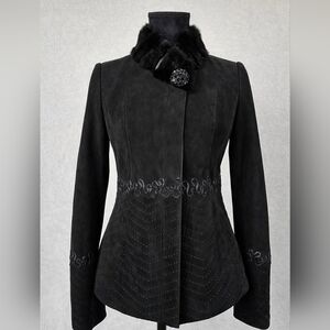 Genuine Leather Black Suede Jacket with Fur Collar Size Small Brand Ottimo